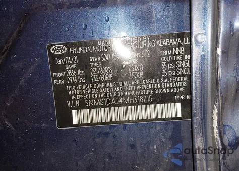2021 Hyundai Santa Fe Se from USA, damaged, VIN 5NMS1DAJ4MH318715